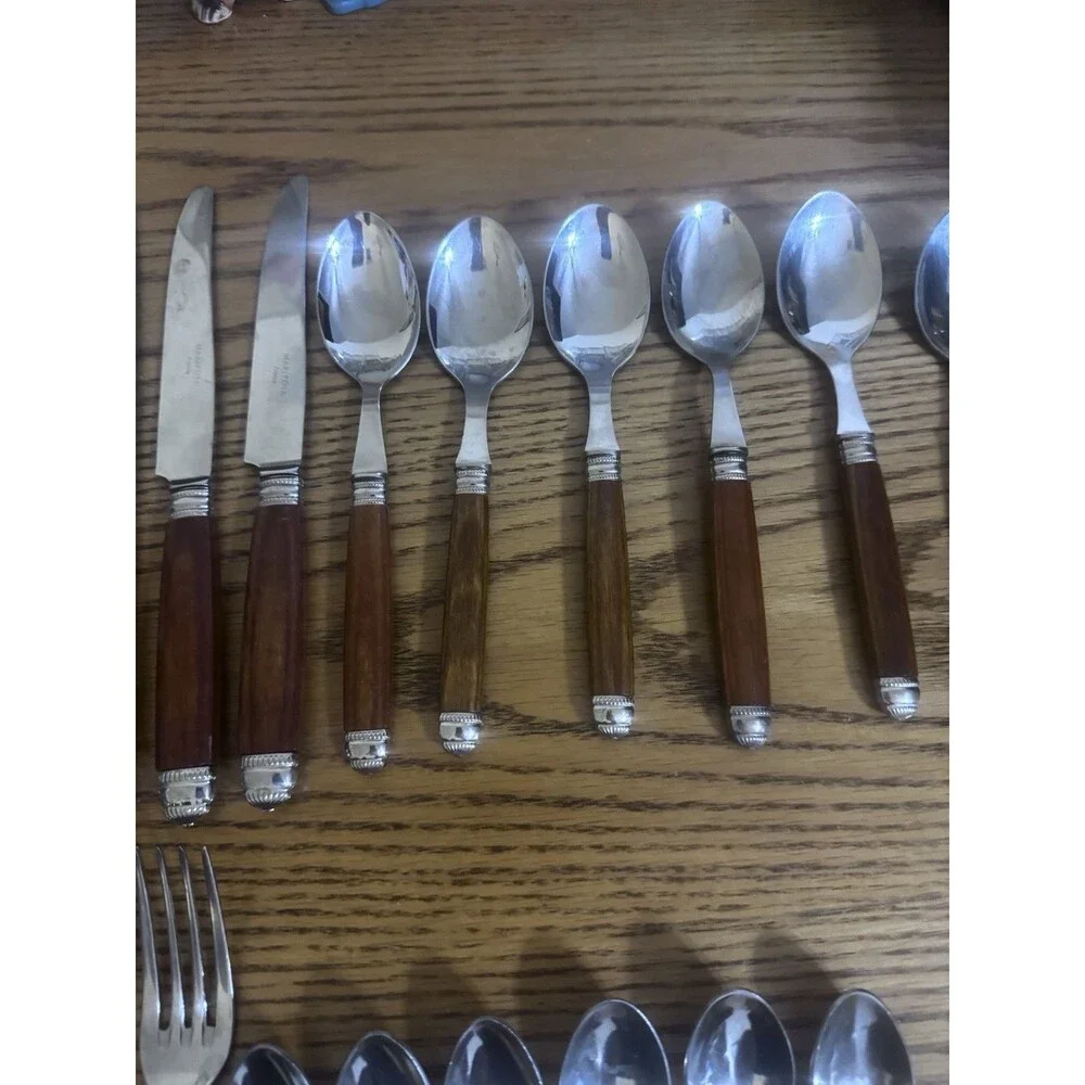SCOF Mariposa France Recamier Teak Flatware Silverware Set 30 Pc Service For 6